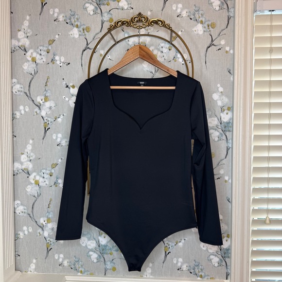 Express Tops - Express Body Contour Black Long Sleeve Notched Sweetheart Bodysuit Womens Large